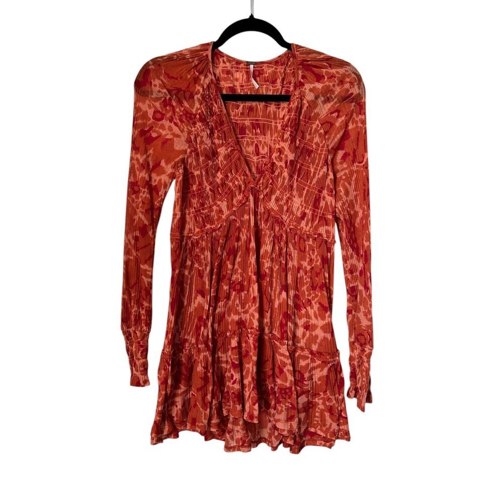 Free People Tunic‎ Top Womens Size XS Orange Long Sleeve Gauzy Smocked Babydoll